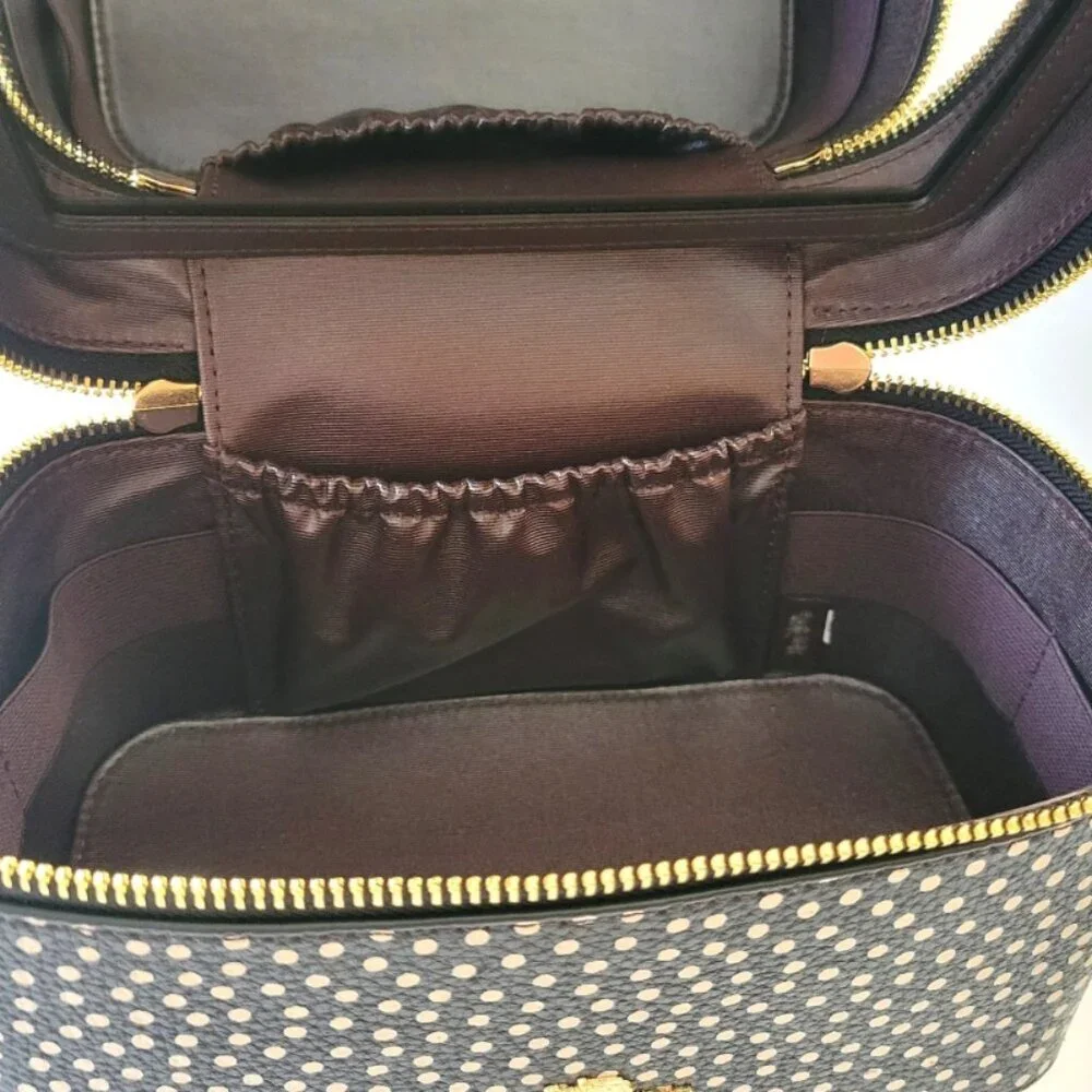 Coach Cosmetic Case CCF44 Black Leather Polka Dot Large Zip Pouch